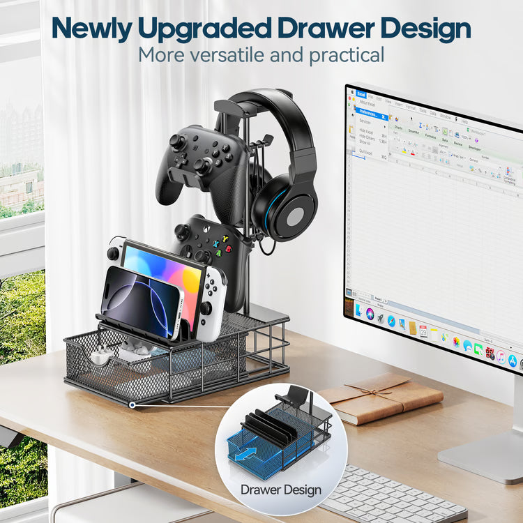 Gaming Headphone Stand with Drawer, Desk Organizer & Controller Holder